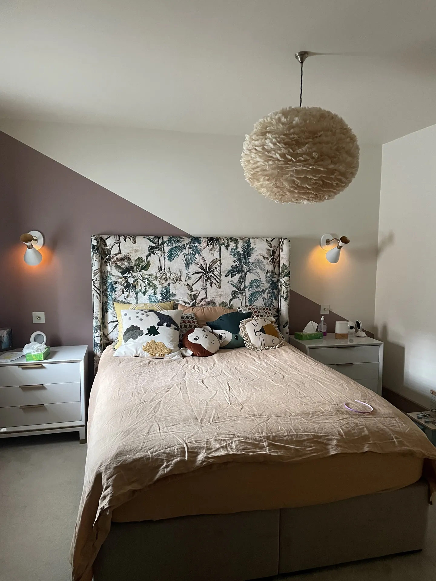 Finchley bedroom feature walls with deep paint colour, crisp geometry and hand-finished edges finished room view