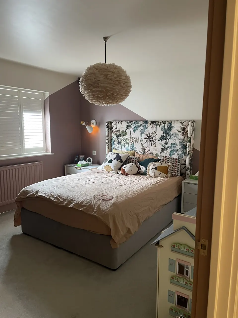Finchley bedroom feature walls with deep paint colour, crisp geometry and hand-finished edges in-progress view