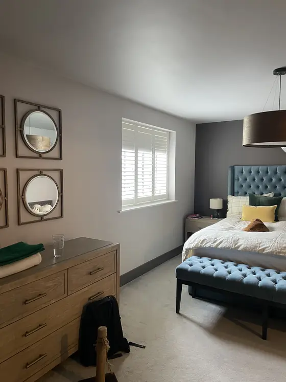 Finchley bedroom feature walls with deep paint colour, crisp geometry and hand-finished edges additional project view 1